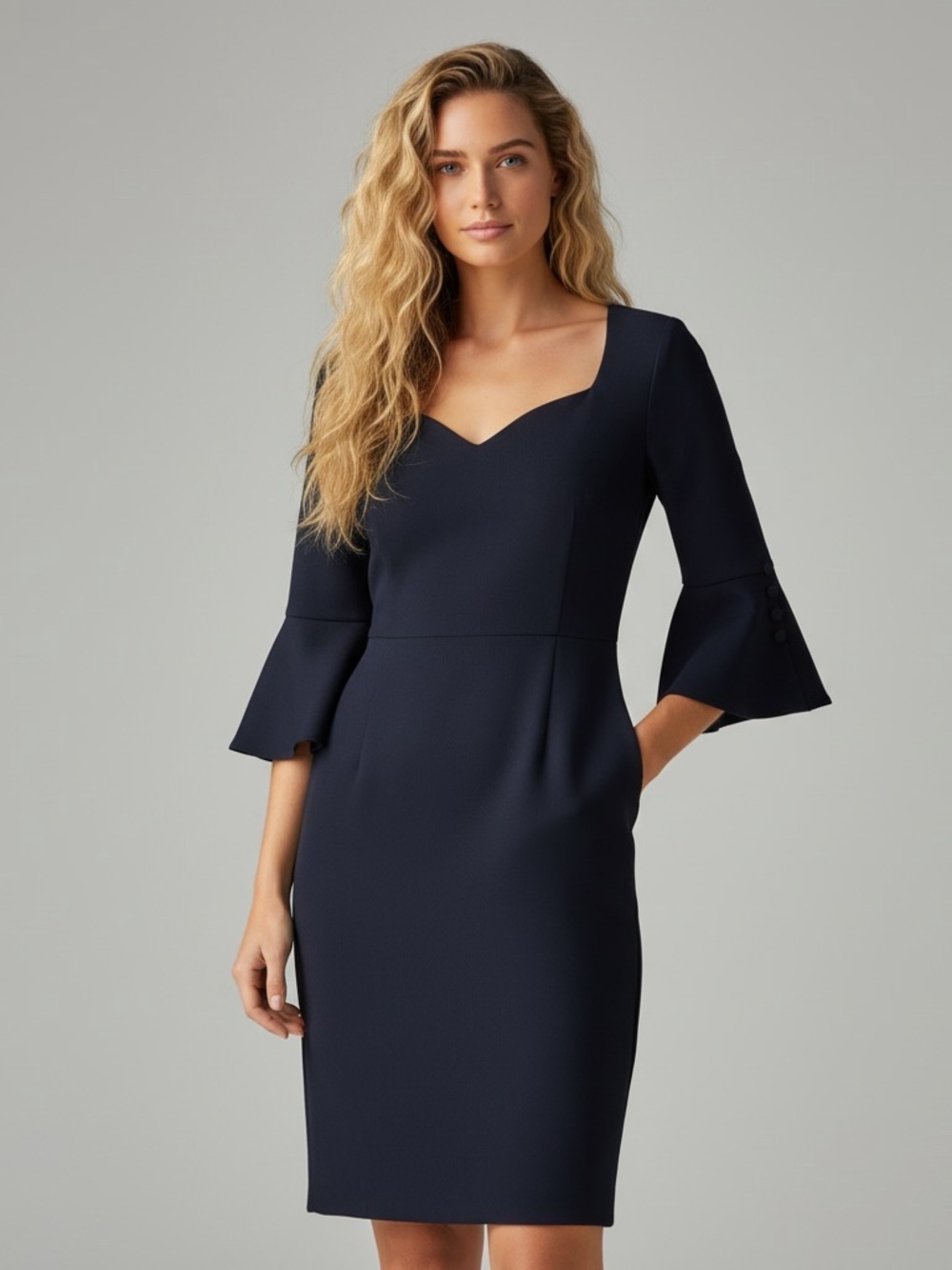 Calvin Klein Navy V-neck Midi Structured Sheath Dress with Bell Sleeves Size 10